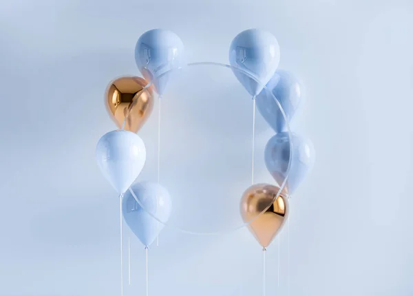 一组3D渲染飞行气球在棒上 淡蓝色和金色背景与圆形透明玻璃框架 产品展示 生日文稿 节日贺词 社交媒体横幅的空白空间 — 图库照片