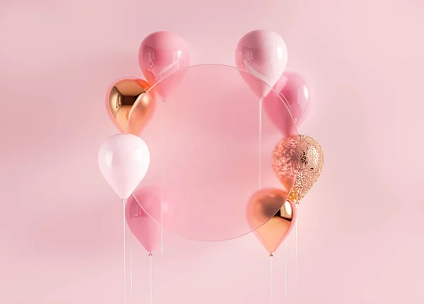 Sada Vykreslování Létajících Balónů Tyči Pastelově Růžové Zlaté Pozadí Kulatým — Stock fotografie