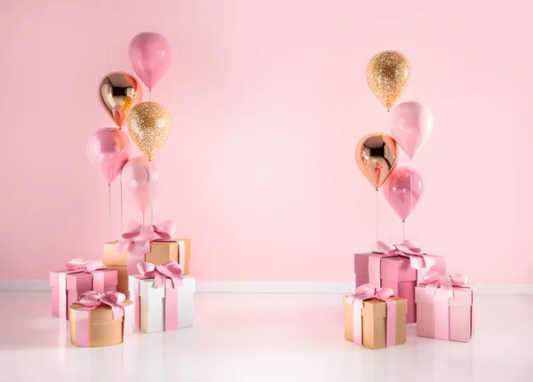 Interior Render Pink Golden Balloons Gift Boxes Pastel Glossy Composition — Stock Photo, Image