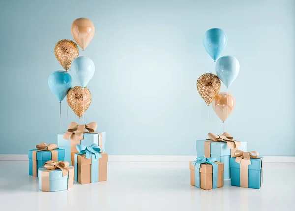 Interior Render Blue Golden Balloons Gift Boxes Pastel Glossy Composition — Stock Photo, Image