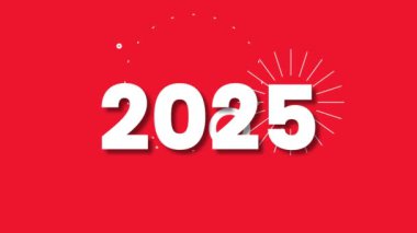 Kırmızı Arkaplan üzerinde havai fişek efektli 2025 Mesaj. 4K Video 'da mutlu yıllar 2025.