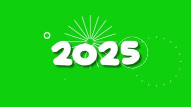 Havai fişek efektli 2025 Mesaj yeşil ekran arka planında. 4K Video 'da Mutlu Yıllar 2025