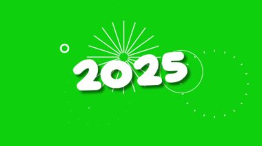 Havai fişek efektli 2025 Mesaj yeşil ekran arka planında. 4K Video 'da mutlu yıllar 2025.
