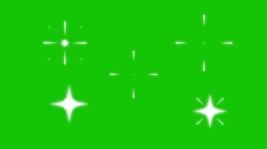 Yeşil ekran arka planında yanıp sönen yıldızlar. 2d çizgi film animasyonu, beyaz çizgi film, düz, vektör, karalama tarzı yıldızlar için parıldayan ve parıldayan yıldız hareketi grafikleri efektleri