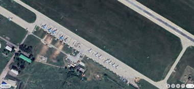 Satellite images Russian airfield at Borisoglebsk, Russia, Showing many Russian fighter aircraft on the airfield. clipart