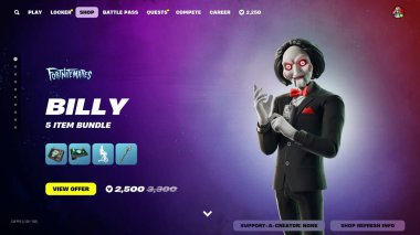 PC user zooms in on Fortnitemares Billy bundle skin available in the popular Fortnite game for Halloween, 10/10/2024 clipart