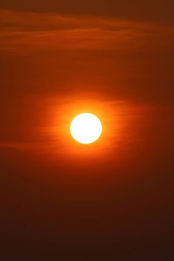 Işıl ışıl turuncu ve sarı renkleri ile altın gün batımı, yumuşak bulutların arasında parıldayan mükemmel merkezli bir güneş, sakin ve minimalist atmosferik bir manzara yaratıyor..