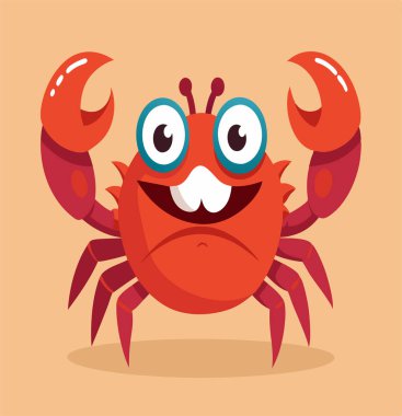 Yükseltilmiş pençeleri ve açık kahverengi arka planda büyük gözleri olan gülümseyen yengeç. Çocuklar için ideal deniz canlıları çizimleri, eğlenceli deniz hayvanları sanatı ve eğitici veya dijital medya için eğlenceli karakter tasarımı.