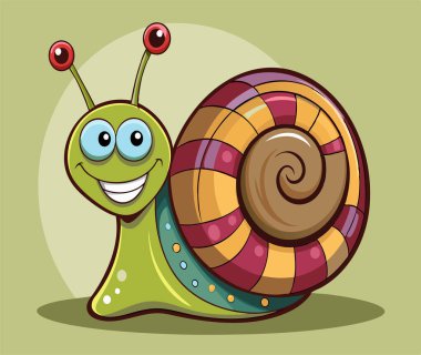 Sarmal gökkuşağı kabuklu renkli salyangoz ve yeşil arka planda gülümseyen surat çocuk resimleri, neşeli hayvan sanatı ve neşeli karakter tasarımı içeriği için mükemmel.