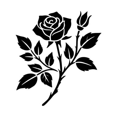 Gül Siyah Renkli Siluet ve Düz Gül Çiçeği Simgesi Zarif Vektör.