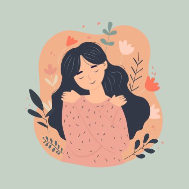   Düz bir şekilde kendine sarılan bir kadın. Vektör illüstrasyonu.