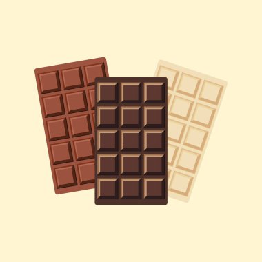   Siyah, sütlü ve beyaz çikolata seti. Farklı çikolataların paketlenmemiş kare parçaları. vektör illüstrasyonu