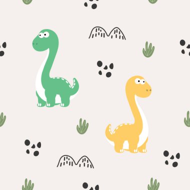 Kağıt, tekstil, bebek ve dekorasyon için kusursuz desenli şirin dinozorlar.