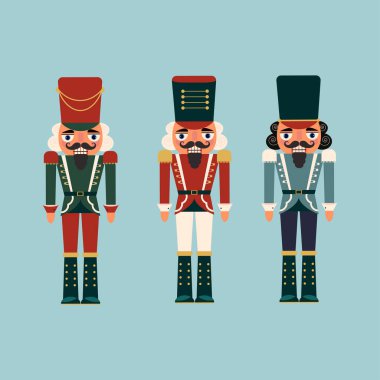   Geleneksel Noel Fındıkkıran Oyuncak Asker Oyuncak Takımı. Düz biçimli vektör illüstrasyonu