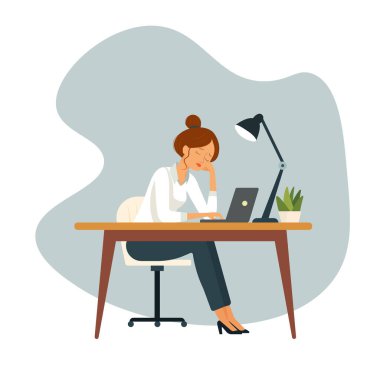     Yorgun kadın çalışan ofis masasında bilgisayar başında çalışıyor. Hayal kırıklığına uğramış bir çalışan, zihinsel sağlık sorunları. Düz bir şekilde vektör illüstrasyonu