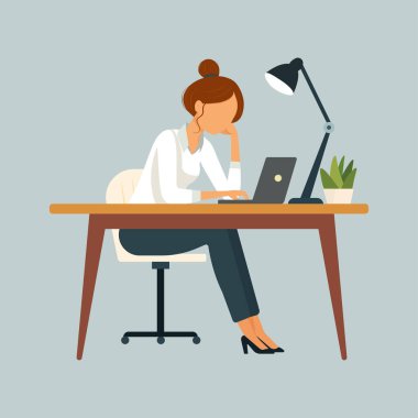   Yorgun kadın çalışan ofis masasında bilgisayar başında çalışıyor. Hayal kırıklığına uğramış bir çalışan, zihinsel sağlık sorunları. Düz bir şekilde vektör illüstrasyonu