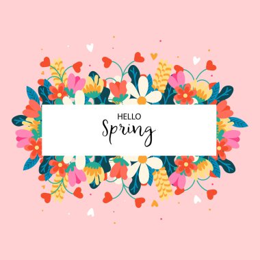   Düz bir şekilde çiçeklerle çevrili Merhaba Bahar tabiriyle parlak bir vektör çizimi. Pastel arka planda laleler, nergisler ve dekoratif unsurlarla bahar minimalist tasarımı..