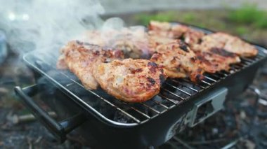 Açık havada portatif kömür mangalında pişen sulu ızgara tavuk butları. Yaz pikniği ya da arka bahçede pişirme konsepti duman ve cızırdayan et. Yüksek kalite fotoğraf