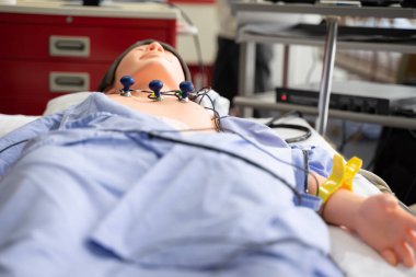 Hasta yatağında EKG monitörü olan hasta mankeni..