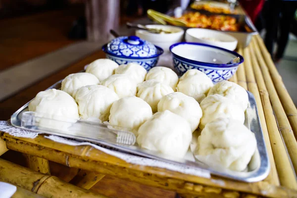 Steamed Buns Tray Bamboo Table Ready Eat Morning Asian Food — Stock Photo, Image
