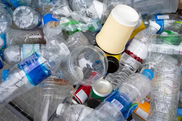 Пластиковые Бутылки Мусорном Баке Концепция Управления Отходами Сложены Оптом Стоковая Картинка
