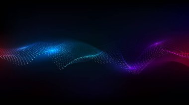 Soyut neon ışıklar, dinamik dalgaların karanlık arkaplan teknolojisi üzerinde aktığını gösteriyor. Dijital fütüristik kavram. Vektör illüstrasyonu