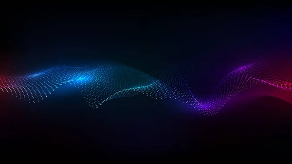 摘要在黑暗背景技术的基础上 数字未来主义概念下的霓虹灯点点粒子动态波流 矢量说明 — 图库矢量图片