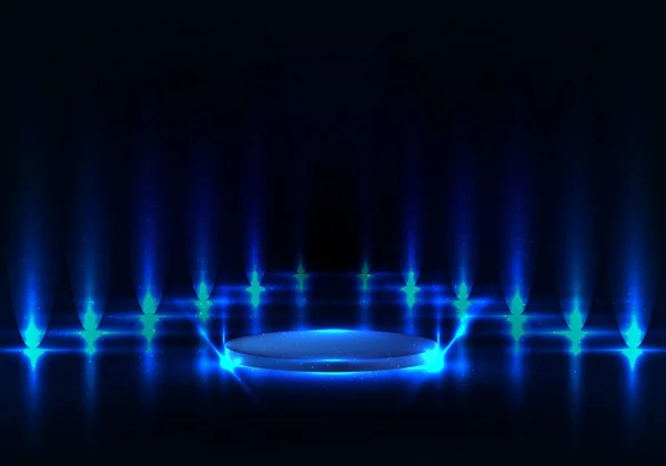 Realistisches Podest Mit Blauer Beleuchtung Beleuchtet Und Reflektiert Die Oberfläche — Stockvektor