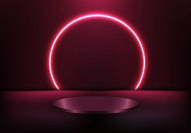 3D gerçekçi podyum kaidesi. Parlak spot ışığı ve boş ışık dairesi arkaplanı. Makyaj kozmetik sunumu, vitrin vs. için kullanabilirsiniz. Vektör illüstrasyonu