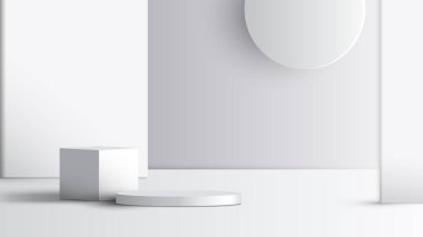 3D gerçekçi boş stüdyo odası beyaz ve gri podyum silindir kaidesel bölme ve temiz arka planda daire şeklinde çerçeve. En düşük sahne ürünü sunum platformu için kullanabilirsiniz. Vektör illüstrasyonu