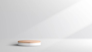 Üç boyutlu gerçekçi boş ahşap tahıl beyaz podyum kaidesi beyaz arka planda ışık ve gölge ile. Ürün sunumu, kozmetik ekran modeli, vitrin vs. için kullanabilirsiniz. Vektör illüstrasyonu