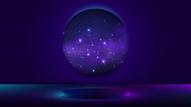 3D gerçekçi boş podyum kaidesi neon ışıkları dünya çapında mavi gece uzayı nebulası ve parlayan yıldız sihirli gökada sahnesi ile birlikte. Vektör illüstrasyonu