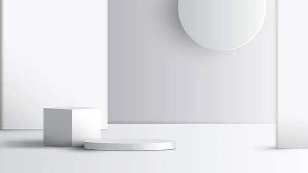 3D写实主义的空工作室房间 白色和灰色的讲台圆柱形底座装饰分区和圆形框架在干净的背景 您可以使用最小场景产品展示平台 矢量说明 — 图库矢量图片