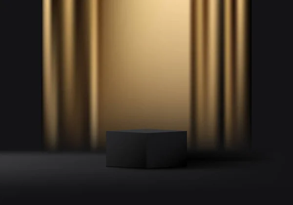Realistische Schwarze Podium Plattform Würfelform Mit Goldenem Vorhang Hintergrund Auf — Stockvektor