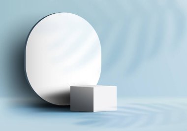 Mavi arkaplanda, oval zemin, ışıklandırma ve gölge yapraklarıyla üç boyutlu gerçekçi boş küp beyaz podyum kaidesi. Ürün sunumu, kozmetik ekran modeli, vitrin vs. için kullanabilirsiniz. Vektör illüstrasyonu