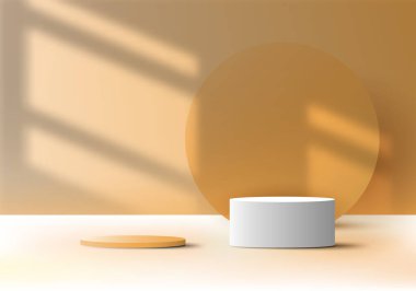 Turuncu arka planda, üç boyutlu, boş beyaz ve turuncu podyum kaidesi var. Arka planda daire şeklinde ışıklandırma penceresi ve en az gölge stili var. Ürün sunumu, kozmetik ekran modeli, vitrin vs. için kullanabilirsiniz. Vektör illüstrasyonu