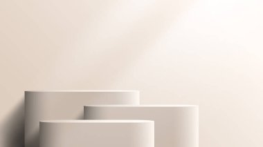 3D gerçekçi ürünler, kahverengi arka planda ışıklandırmalı bej podyum ayakta kaidesi sergiliyor. Ürün sunumu, kozmetik ekran modeli, vitrin vs. için kullanabilirsiniz. Vektör illüstrasyonu