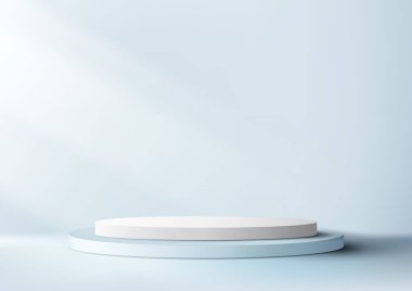 3D gerçekçi boş mavi ve beyaz podyum silindir şekilli ürün görüntüsü ve en az duvar sahnesinde ışıklandırma, yumuşak mavi arkaplan. Kozmetik modelleme sunumu, tanıtım satışı ve pazarlama vesaire için kullanabilirsiniz, Vektör illüstrasyonu
