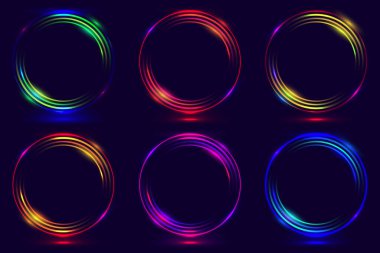 Siyah arkaplan teknolojisinde izole edilmiş parlak neon renkli daireler. Dairesel ışık çerçeve sınırı. Rozetler, fiyat etiketi, etiketler, unsurlar, afişler, kartlar vs. için kullanabilirsiniz. Vektör illüstrasyonu