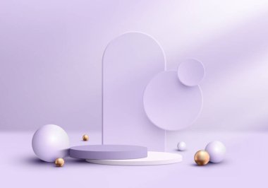 3D realistic luxury empty purple and white cylinder level podium pedestal on purple background with rounded geometric circles backdrop and golden sphere ball. You can use for product presentation, cosmetic display beauty mockup, showcase, etc. Vector