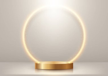3D realistic empty gold podium stand with glowing golden circle lighting backdrop and glitter on beige background luxury style. Ring backdrop on studio room. You can use for cosmetic mockup presentation, promotion sale and marketing, etc, Vector illu