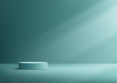 3D gerçekçi, boş, mavi turkuaz podyum, silindir şeklindeki ürün ekranı. Işıklandırma en az mavi sahne arka planında. Kozmetik modelleme sunumu, tanıtım satışı ve pazarlama vesaire için kullanabilirsiniz, Vektör illüstrasyonu