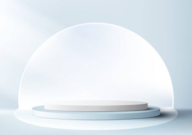 3D gerçekçi boş mavi ve beyaz podyum silindir ürün görüntüsü daire arkaplanı ve ışıklandırma minimum duvar sahnesi yumuşak mavi arkaplan. Kozmetik modelleme sunumu, tanıtım satışı ve pazarlama vesaire için kullanabilirsiniz, Vektör illüstrasyonu