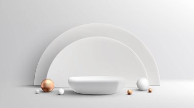 3D gerçekçi lüks stil boş taş beyaz podyum standı ve temiz arkaplanda altın ve beyaz balo dekorasyonu. Güzellik ve kaplıca ürün sunumu, kozmetik ekran modeli, vitrin vs. için kullanabilirsiniz. Vektör illüstrasyonu