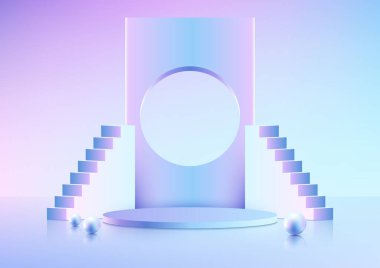 3D realistic empty blue and pink podium pedestal stand with circle backdrop decoration ladder stand object, balls elements on minimal wall scene background. You can use for product business success presentation, cosmetic display beauty mockup, showca