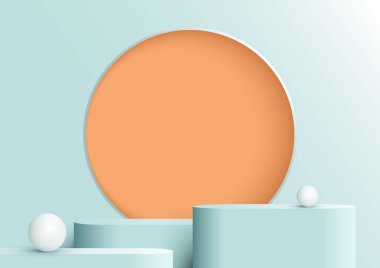 3D realistic blue podium stand pedestal with yellow circle frame backdrop decoration white balls on blue studio room background. You can use for product presentation, cosmetic display mockup, showcase, etc. Vector illustration