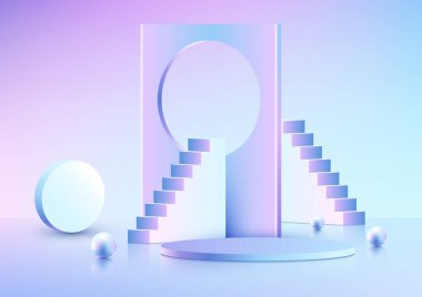 3D realistic empty blue and pink podium pedestal stand with circle backdrop decoration ladder stand object, balls elements on minimal wall scene background. You can use for product business success presentation, cosmetic display beauty mockup, showca