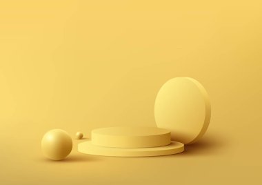 3D realistic yellow podium pedestal stand decoration with circle and balls elements isolated minimal wall scene background with natural lighting. You can use for product presentation, beauty cosmetic display mockup, showcase, etc. Vector illustration
