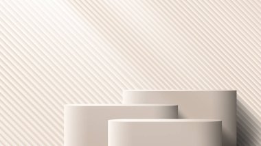 3D gerçekçi ürünler, kahverengi arka planda ışıklandırmalı bej podyum ayakta kaidesi sergiliyor. Ürün sunumu, kozmetik ekran modeli, vitrin vs. için kullanabilirsiniz. Vektör illüstrasyonu