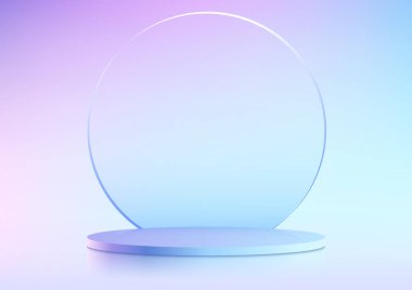 3D gerçekçi mavi ve pembe gradyan boş podyum ürün ekranı daire cam arka planı minimal sahne arkaplanı. Kozmetik modelleme sunumu, tanıtım satışı ve pazarlama vesaire için kullanabilirsiniz, Vektör illüstrasyonu